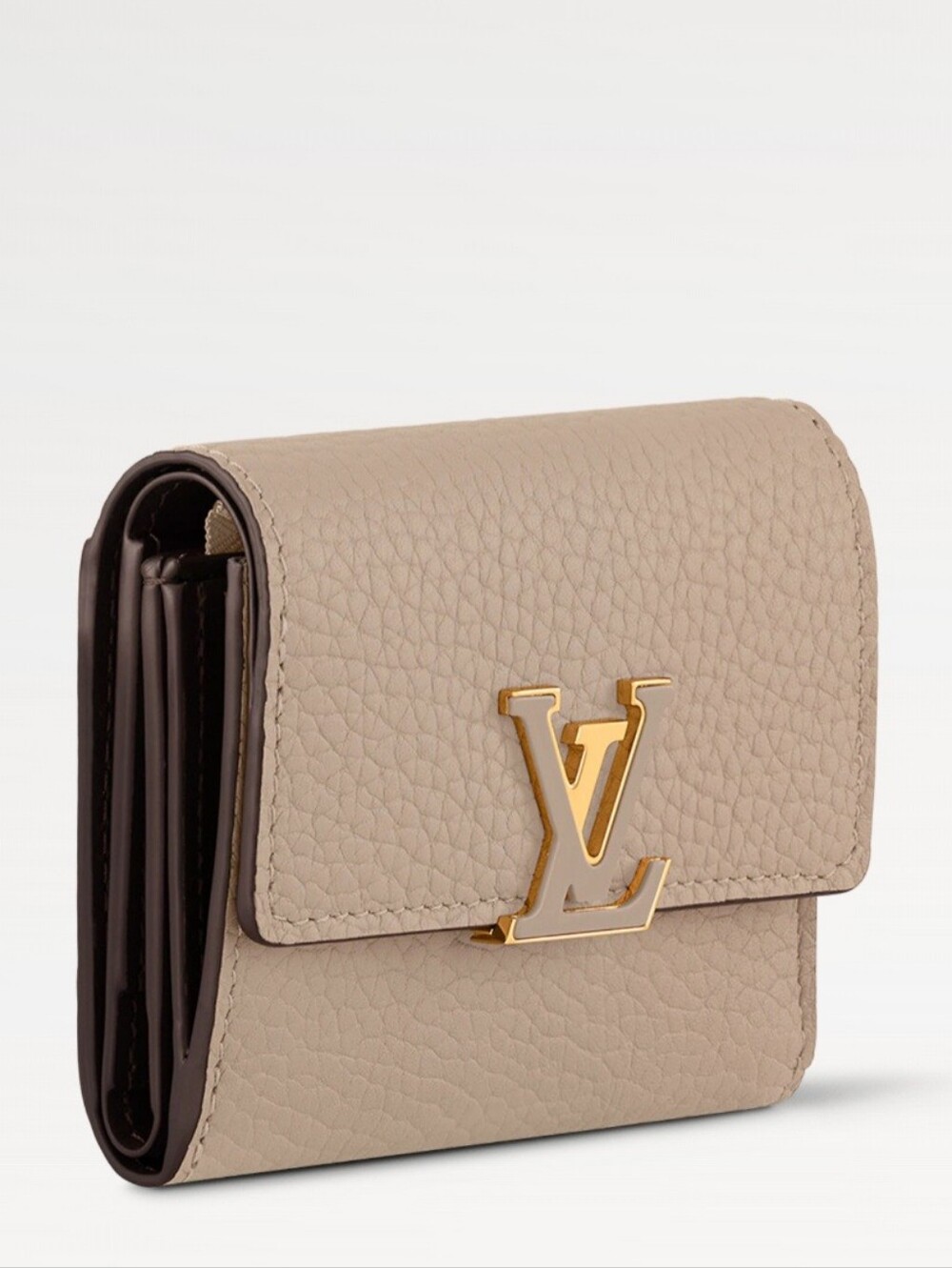 Louis Vuitton Taupe Textured Leather Compact Wallet with Gold LV